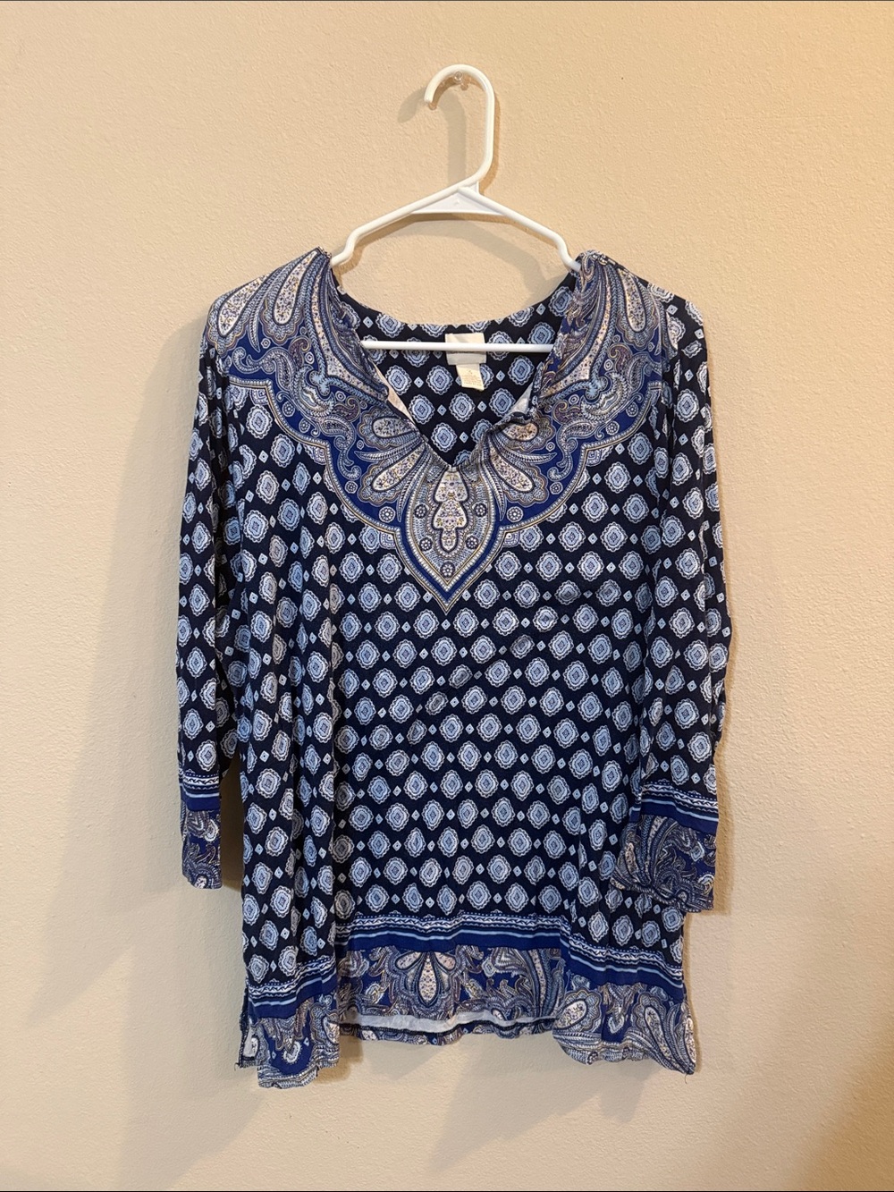 Chico's Navy and White Paisley V-Neck Tunic